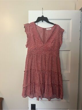 Tiered V-Neck Pink Polka Dot Dress